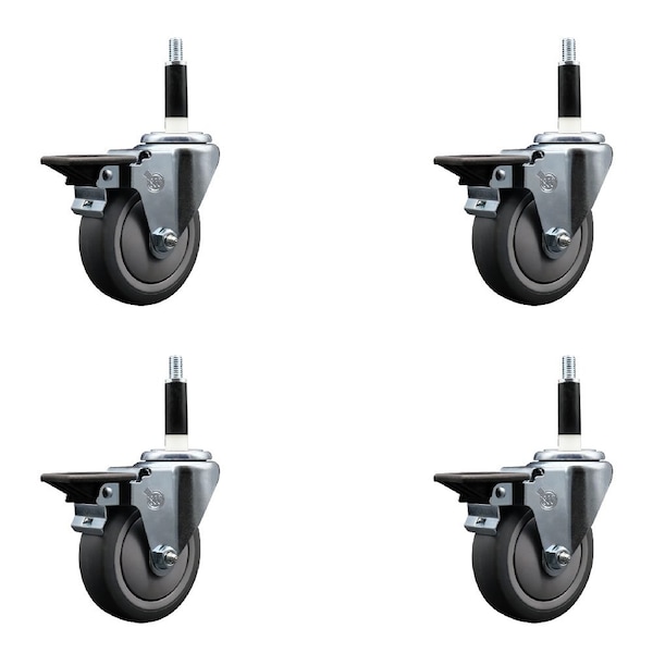 4'' Thermoplastic Rubber Swivel 7/8'' Expanding Stem Caster Set with Brake, 4PK
